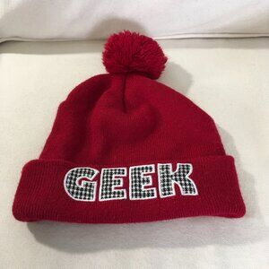 Geek Burgundy Pom-Pom Beanie Black & Tan Houndstooth lettering